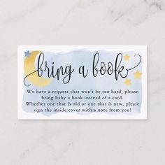 a blue and yellow book request card with the words bring a book written on it