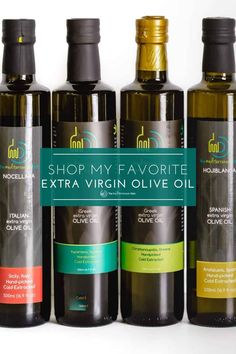 four bottles of extra virgin olive oil on a white background with the text shop my favorite extra virgin olive oil