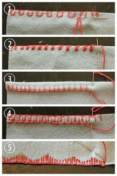 the steps in how to make a knitted scarf with red thread and yarn on it