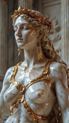 a white statue with gold chains around it's neck and hands on her chest