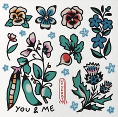 an image of flowers and plants on paper with the words you & me written in it