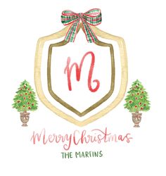 the merry christmas logo with two trees in pots and a bow on it's head