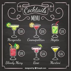 a chalkboard menu for cocktails with different drinks and beverages in glasses on it