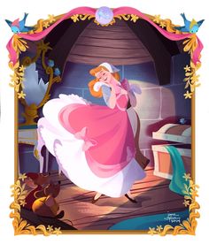 an image of a princess dancing in front of a fire place with other animals around her