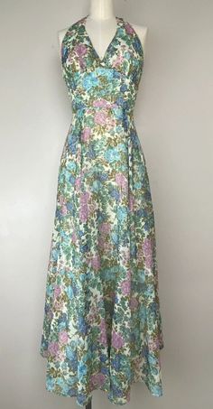 1 / of 11  1970s Arjon Floral Halter Maxi Dress  | eBay Fitted Floor-length Vintage Dress For Spring, Vintage A-line Midi Dress For Spring, Vintage A-line Midi Dress For Garden Party, Vintage Spring Wedding Midi Dress, Spring Wedding Vintage Midi Dress, Vintage Midi Dress With Floral Print And Fitted Bodice, Retro Empire Waist Spring Dress, Vintage Floral Print Dress For Casual Wear, Lined A-line Maxi Dress