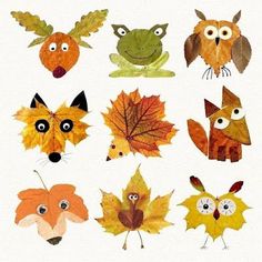 a group of different types of leaves with faces and eyes on them, all painted in various colors