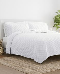 a bed with white comforter and pillows in a room next to a potted plant