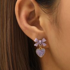 New In Package Color: Purple Measurements In Last Photo Purple Earrings Aesthetic, Purple Jewelry Aesthetic, Cute Jewelry Earrings, Purple Heart Earrings, Sweetheart Jewelry, Glitter Jewelry, Embellished Fashion, Jewelry Purple, Purple Jewelry