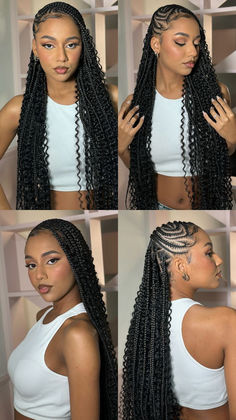 boho lemonade fulani braids, lemonade fulani braids, Half Moon Parts Braids, Color Fulani Braids For Black Women, Feed In Braids Half Up Half Down Weave, Swoop Braids Styles, Braids For Half Up Half Down, Twisted Cornrow Hairstyles, Braid Styles Half Up Half Down, Hairstyles Half Braid, Medium Size Fulani Braids