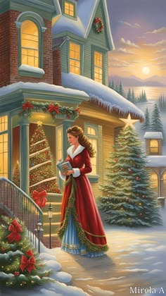 a painting of a woman standing in front of a house with christmas decorations on it