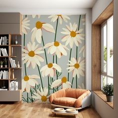 Flower On The Wall, Reading Nook Mural, Diy Floral Mural, Floral Mural Painting, Diy Wall Mural Ideas, Bedroom Wall Mural Ideas, Mural Bedroom Wall, Flower Wall Murals, Floral Murals