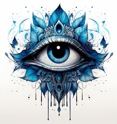 an eye with blue flowers and leaves on it's side, surrounded by water droplets