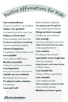 a poster with the words positive affirmations for kids