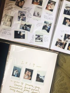 the wedding album is covered with photos and handwritten messages for guests to write on it