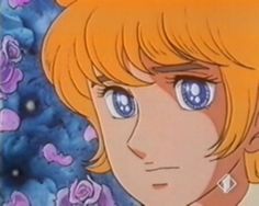 an anime character with blonde hair and blue eyes looking at the camera, surrounded by purple flowers