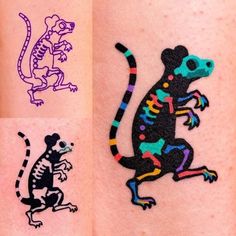 three different colored tattoos on the legs of someone's arm, one with a lizard and another with a gecko