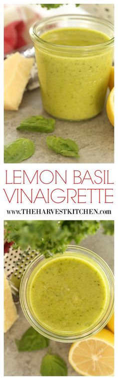 lemon basil vinaigrette in a glass bowl next to sliced lemons