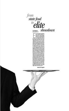 a man in a suit holding a tray with an article on it