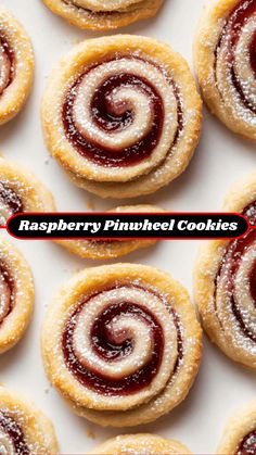 raspberry pinwheel cookies with powdered sugar on top and the words raspberry pinwheel cookies above them