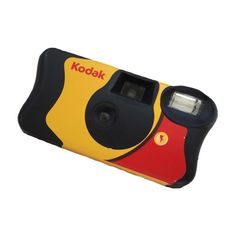 the kodak digital camera is yellow and black with red trimmings on it