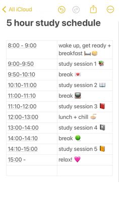 5 hour study schedule businessplannertemplate #wellnessplanner📙 Study Plan Timetable, Study And Break Time, Time Study Template, Aesthetic Study Timetable Ideas, 5 Hour Study Plan, Study Plans For Exams, Holiday Study Timetable, Vacation Study Schedule, Final Study Schedule