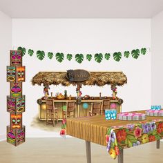 an image of a tiki bar set up for a party with tropical decorations on the walls