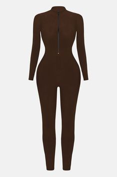 Available In Black, Chocolate, Olive, Off White, Cream, And Light Blue. Long Sleeve Jumspuit Zip Front Detail High Neck Compression Ribbed Stretch 86% Rayon 14% Spandex Imported | Sabrina Snatched Jumpsuit in Chocolate Brown size Large by Fashion Nova Neck Compression, Light Blue Long Sleeve, Chocolate Fashion, Black Chocolate, Blue Long Sleeve, White Cream, Chocolate Brown, Fashion Nova, High Neck