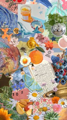 a collage of images with flowers, books and other things on it's surface