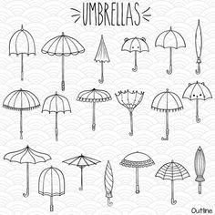 umbrellas drawn in black and white with the words umbrellas