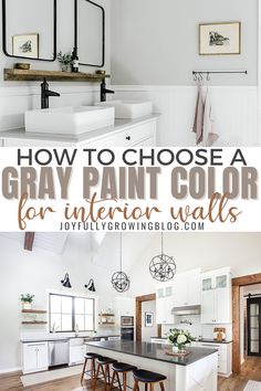 a kitchen with white cabinets and an island in the center is featured overlaid by text that reads how to choose a gray paint color for interior walls