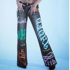 W26 Brand New Summer Graffiti Print Bottoms, Jaded London Jeans, Patchwork Denim Jeans, Cool Jeans, Outfit Pieces, Angels Jeans, Amanda Uprichard Dress, Jnco Jeans, Boyfriend Fit Jeans