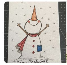 a christmas card with a drawing of a snowman