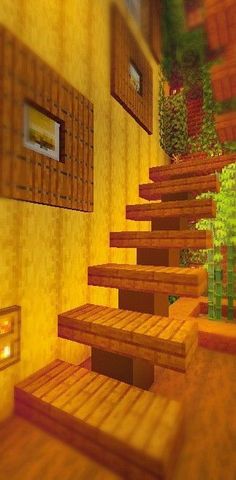 a set of wooden steps leading up to a planter in a room with yellow walls