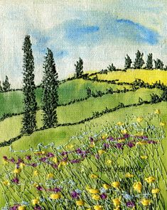 a painting of flowers and trees on a hill