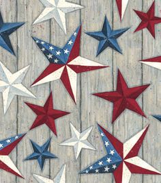 red, white and blue stars are arranged in rows on a gray background with wood planks