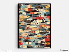 an abstract painting with many different colored fish on the bottom, and one black frame above it