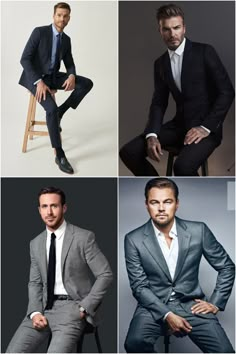 four men in suits and ties are posing for pictures together, one is sitting on a stool