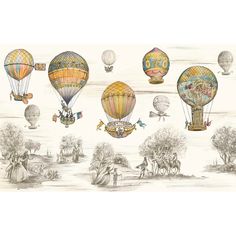 several hot air balloons are flying in the sky above trees and people riding horses on horseback