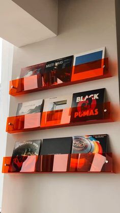 Red And Orange Room Aesthetic, Diy Record Shelves, Vinyl Interior Design, Vynil Shelves, Vintage Decorating Ideas For The Home Retro Style Living Rooms, Vynil Display Ideas, Vinyl Shelf Aesthetic, Records Shelves, Vinyl Display Ideas