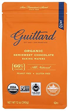 an orange bag of gluttaad organic sweet chocolate baking wafers with almonds