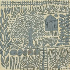 a drawing with trees and houses on it