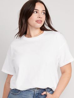 Rib-knit crew neck.  Short drop-shoulder sleeves.  Loose fit through body.  Hits below waist.  Models are approximately 5'9" and are wearing sizes S (numeric size 4), L (numeric size 12), and XL (numeric size 18). Machine wash cold, tumble dry low.  cotton 100% White T Shirt For Women, Macys Outfits, White Tshirt Outfit, Mockup Ideas, White Tshirt Women, Oversized White T Shirt, White Tshirt Mockup, Basic White Tee, Fall Winter Wardrobe