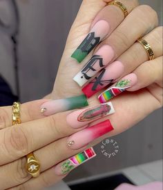 Mexico Flag Nails Designs, Mexico Inspo Nails, Mexican Nails Ideas, Mexico Independence Day Nails, Nail Ideas For Mexico, Mexican Nails Acrylic, Summer Nails Mexico, Mexican Nail Designs Ideas