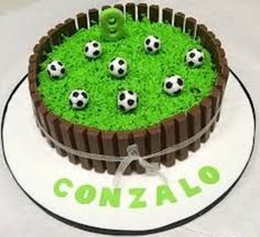 a cake decorated with grass and soccer balls