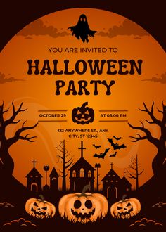 a halloween party flyer with pumpkins and bats