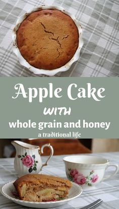 an apple cake with whole grain and honey is on the table next to a tea cup