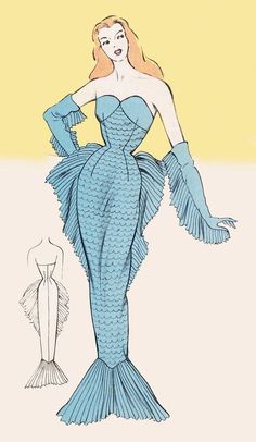 a drawing of a woman in a blue dress with long sleeves and fish tailes