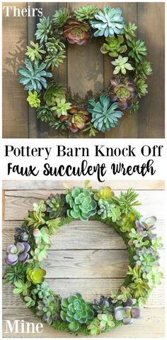 Comparison between Pottery Barn Knock Off Faux Succulent Wreath using Make it Fun Crafts Foam Wreath Form and Faux Succulents tutorial at the happy housie Succulent Wreaths, Foam Wreath, Farmhouse Diy Projects, Makijaż Smokey Eye, Wreath Diy, Faux Succulents