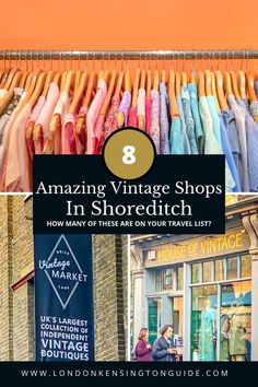 clothes hanging in front of an orange building with the words 8 amazing vintage shops in shoredit