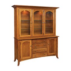 a wooden hutch with glass doors and drawers on it's front door, against a white background